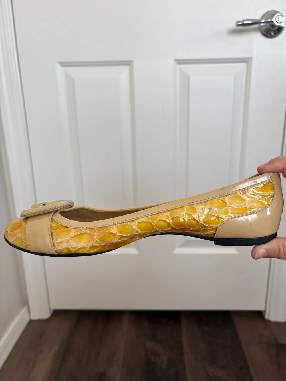 Antonio Melani Yellow Crocodile Leather Buckle Flats